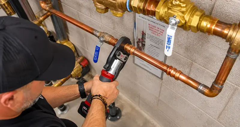 Element plumber cutting copper pipe for a filtration install in St. George, UT