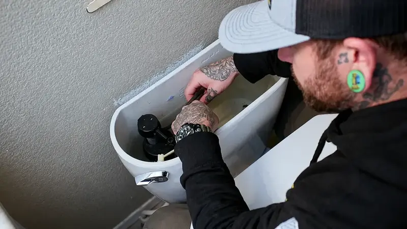 Element plumber repairing a toilet tank in St. George, UT