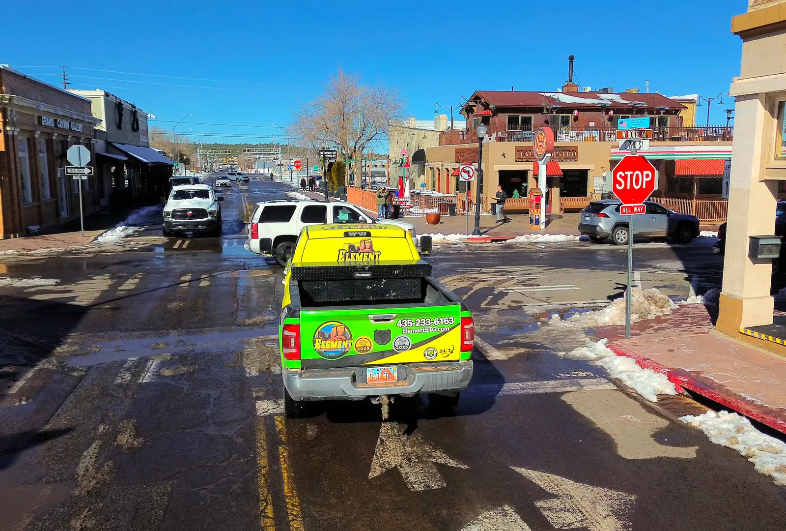Element Plumbing, Heating & Air truck on the road responding to a plumbing emergency call