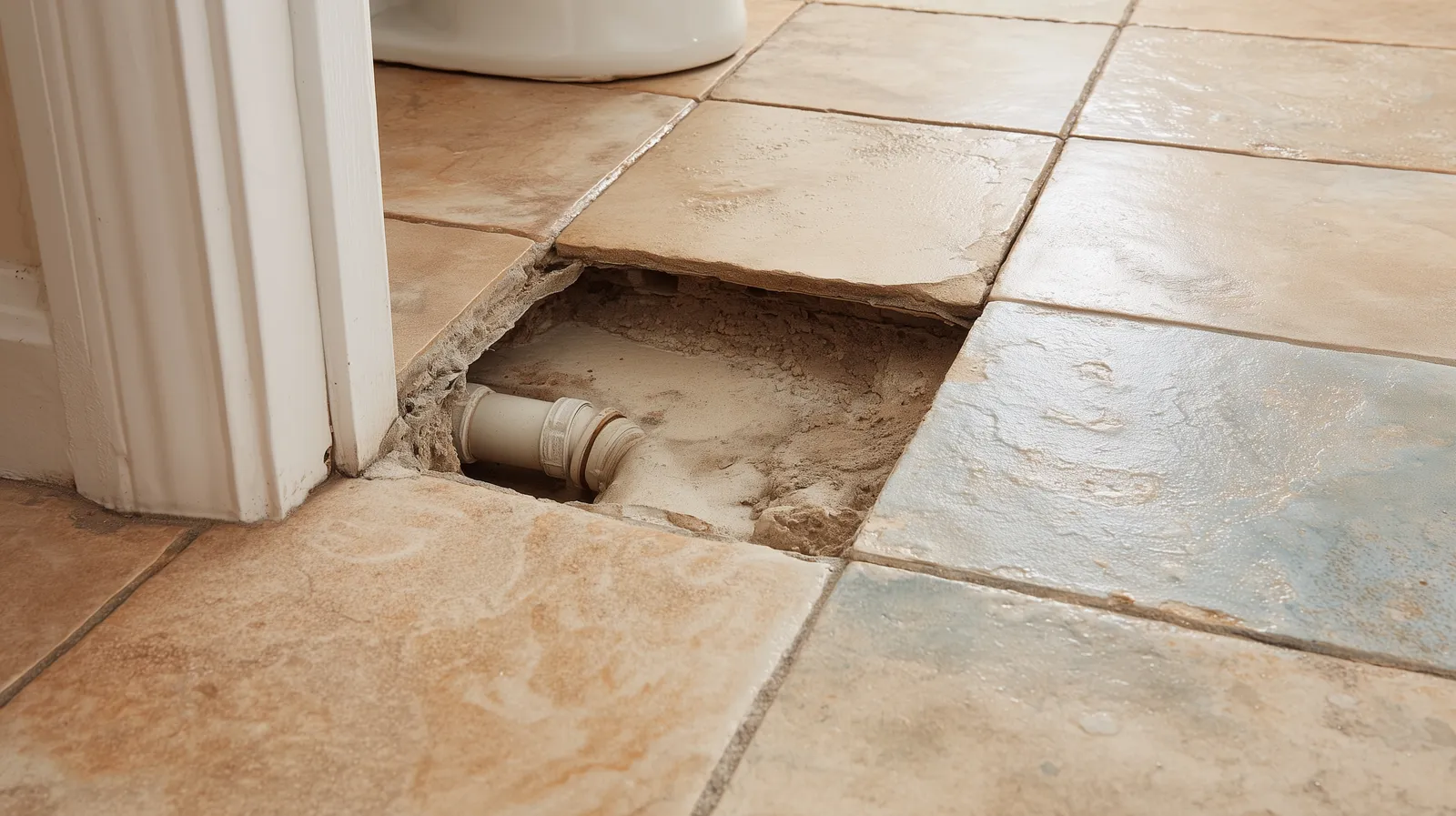 Tile floor opened at the leak point to expose a pipe fitting beneath the concrete slab during slab leak repair