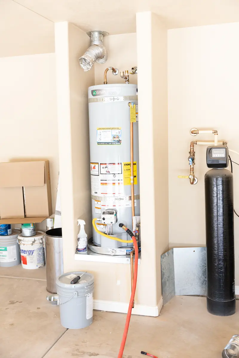 Water heater and water softener installed in a garage in St. George, UT